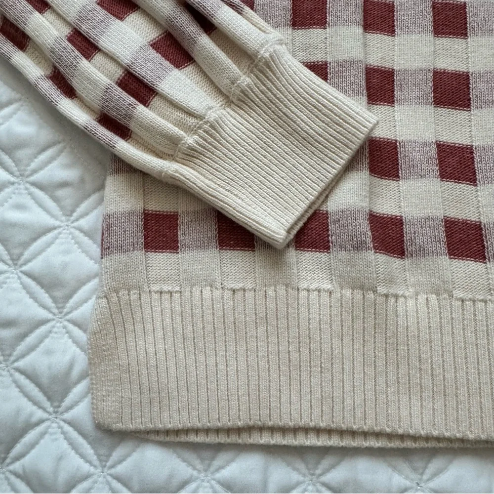 NWT LOFT Gingham Crewneck Pullover Long Sleeve Sweater Beige Rust - Size M - Picture 3 of 12